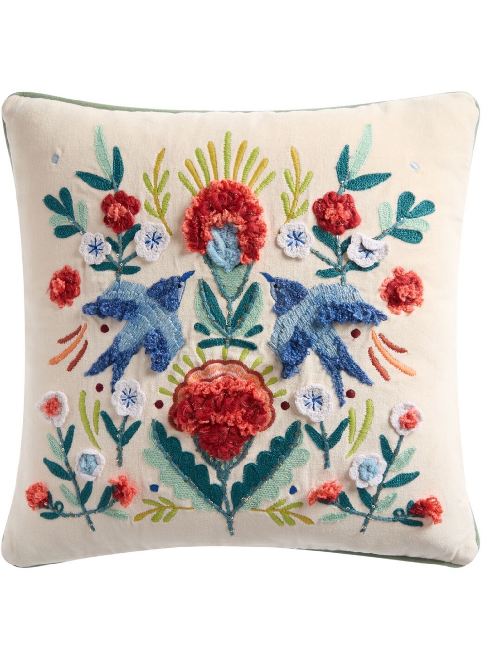 NWT World Market Blue and Red Milagro Floral Bird Embroidered 18” Throw Pillow